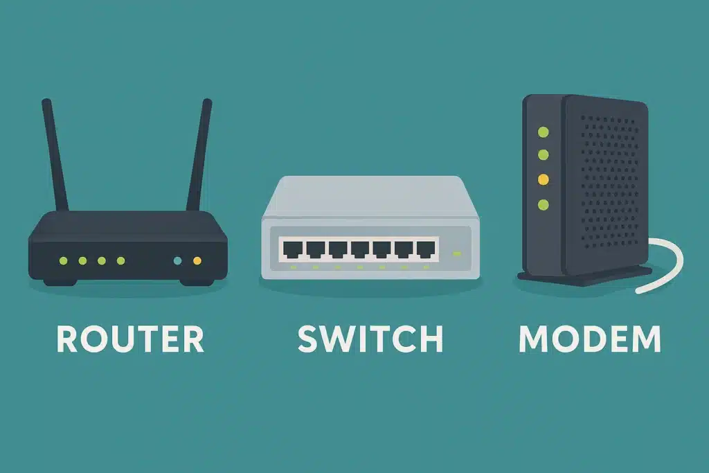 Router, Switch ve Modem cihazlarının yer aldığı bilgisayar ağı bileşenleri illüstrasyonu