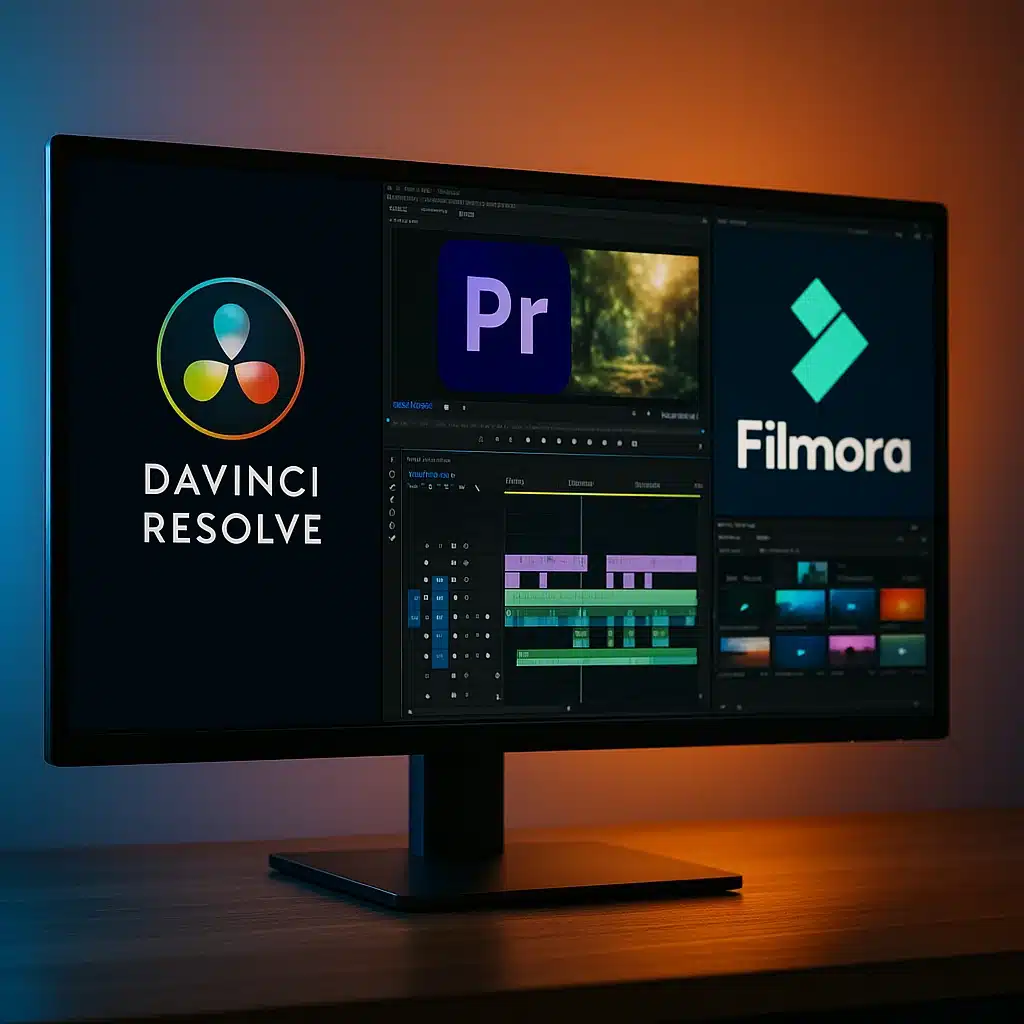 Video Düzenleme 2025 Rehberi: En İyi Programlar, Teknikler ve Profesyonel İpuçları En iyi video düzenleme programları – DaVinci Resolve, Premiere Pro, Filmora – 2025 arayüz görüntüsü.