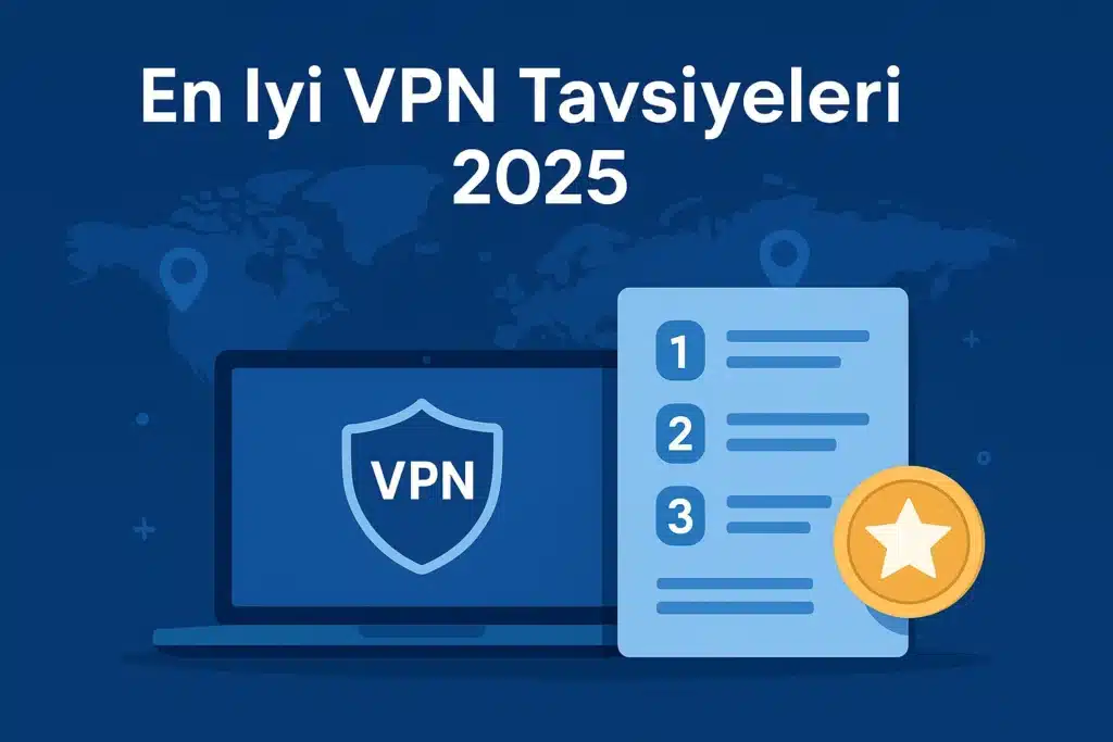 2025’in en iyi VPN tavsiyelerini gösteren dijital illüstrasyon — mavi tonlu arka planda VPN kalkanlı dizüstü bilgisayar, sıralı liste ve altın yıldız rozetiyle modern 16:9 kompozisyon.