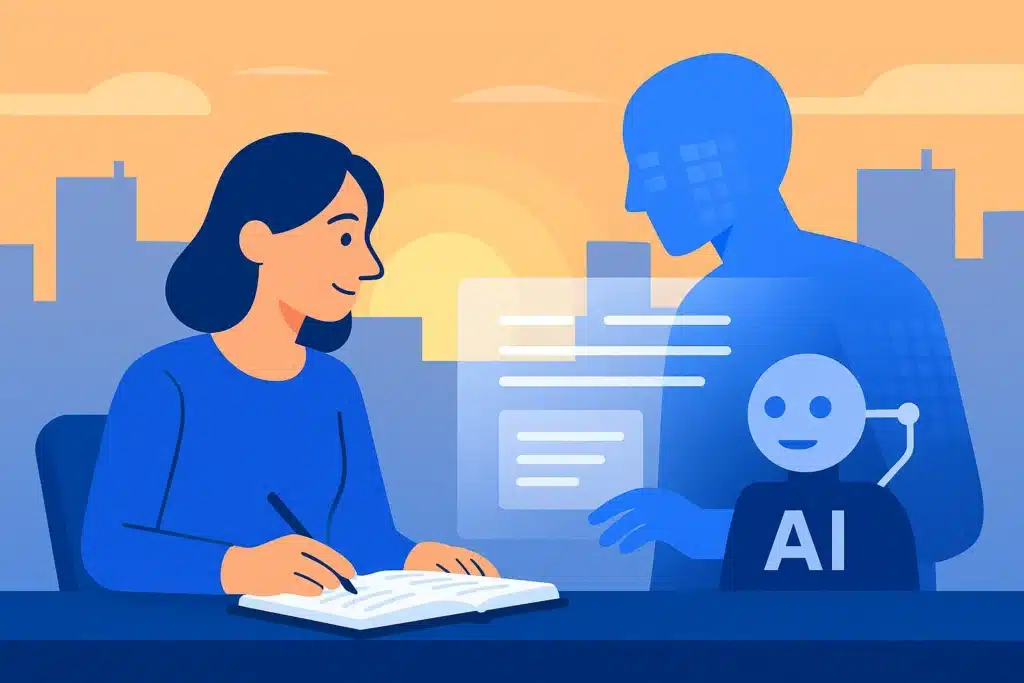 Yapay Zeka ile İçerik Üretimi: 2025’in Dijital Devrimi Başladı! Bir kadın yazarın gün batımında holografik yapay zekayla birlikte yazı yazdığı sahne — insan ve AI işbirliğini sembolize eden dijital illüstrasyon.