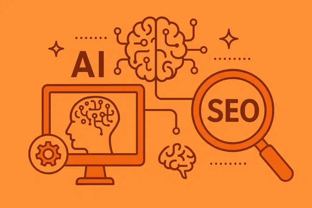 Google Gemini ve SGE çağını temsil eden turuncu tonlarda illüstrasyon: AI beyni, bilgisayar ekranı ve SEO büyüteci devre bağlantılarıyla birleşik şekilde tasvir edilmiş.