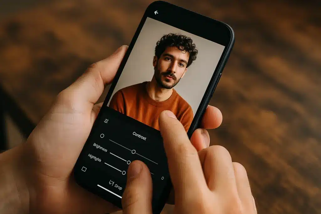 Cep Telefonu ile Profesyonel Fotoğrafçılık: Işık, Kadraj ve Uygulama Rehberi (2025) Cep telefonunda portre düzenleme yapan kişi – kontrast, parlaklık ve ışık ayarlarını düzenleyen mobil fotoğrafçı