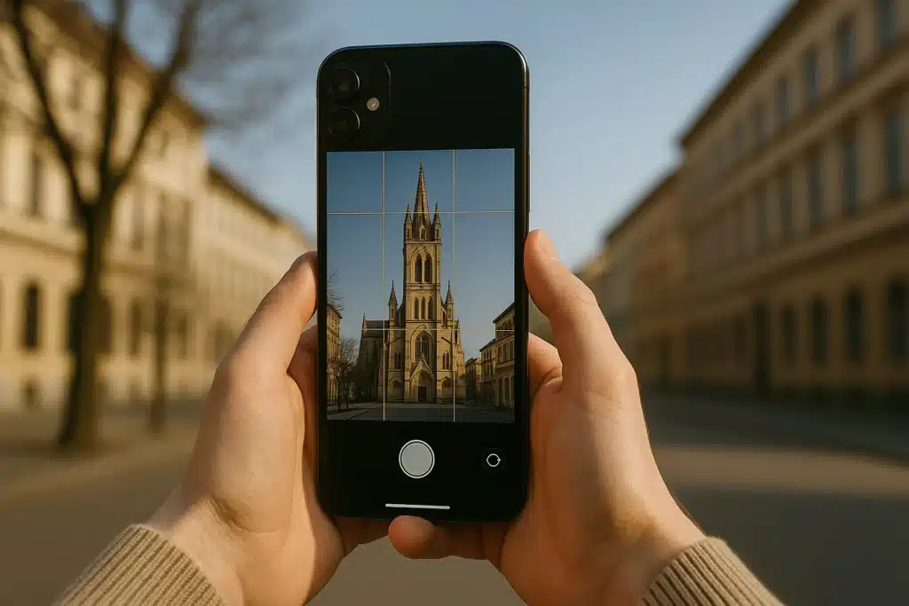Cep Telefonu ile Profesyonel Fotoğrafçılık: Işık, Kadraj ve Uygulama Rehberi (2025) Üçler kuralı ızgarasıyla tarihi bina fotoğrafı çeken kişi – kompozisyon ve kadraj rehberi