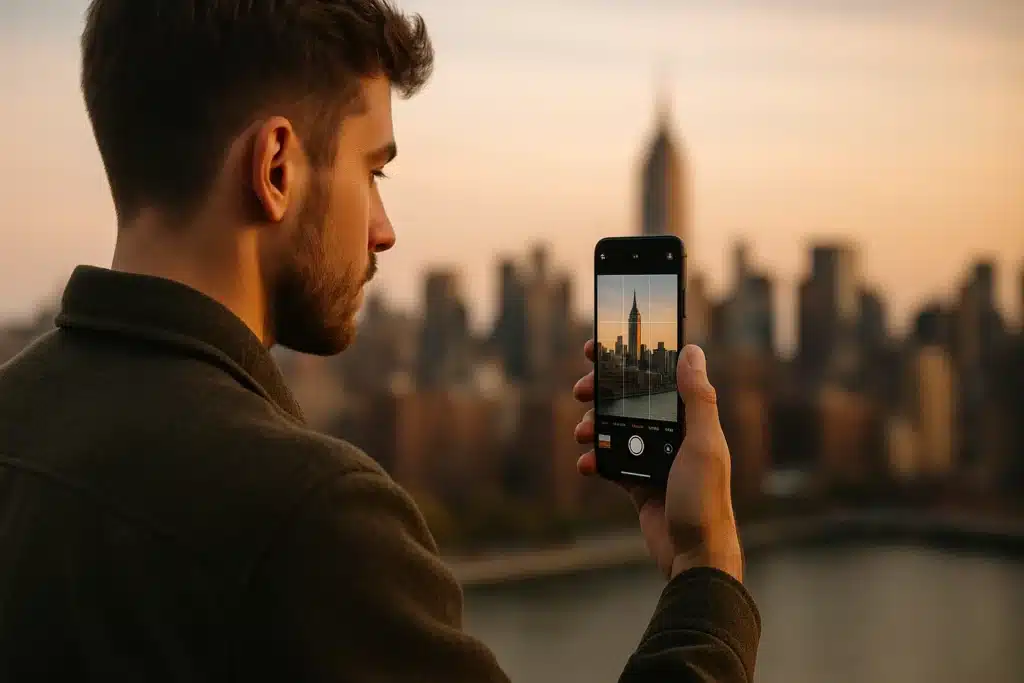 Cep Telefonu ile Profesyonel Fotoğrafçılık: Işık, Kadraj ve Uygulama Rehberi (2025) Gün batımında şehir manzarasını cep telefonuyla çeken genç fotoğrafçı – tarz ve estetik oluşturma rehberi