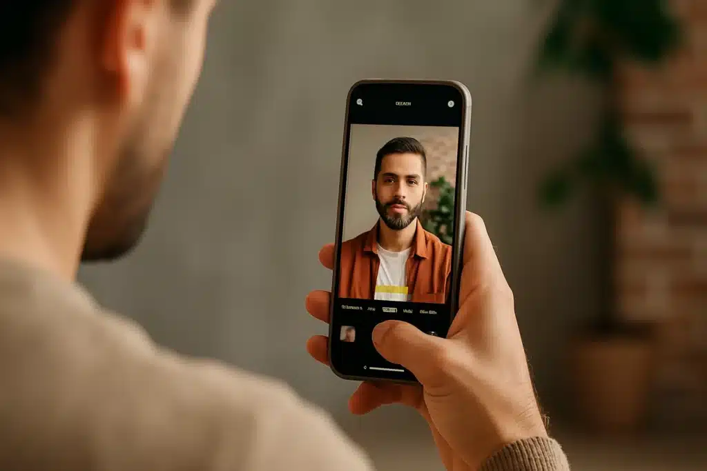 Cep Telefonu ile Profesyonel Fotoğrafçılık: Işık, Kadraj ve Uygulama Rehberi (2025) Cep telefonunda portre modunda bir kişiyi çekerken odak ayarı yapan fotoğrafçı – mobil profesyonel çekim tekniği