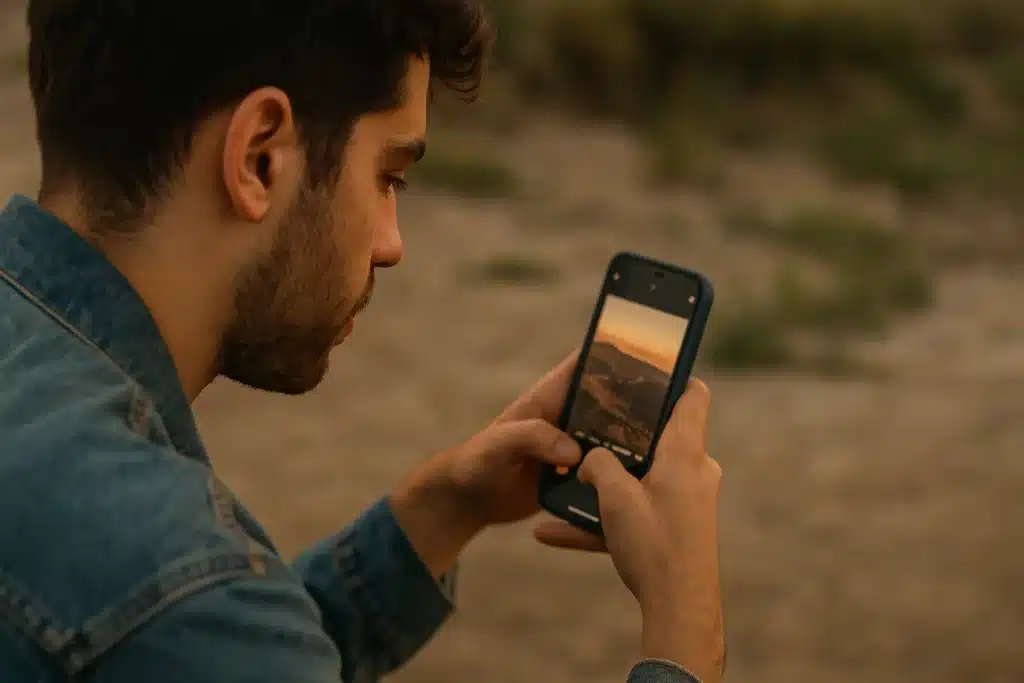 Cep Telefonu ile Profesyonel Fotoğrafçılık: Işık, Kadraj ve Uygulama Rehberi (2025) Gün batımında cep telefonuyla manzara fotoğrafı çeken genç erkek – mobil fotoğrafçılıkta dikkat edilmesi gerekenler rehberi