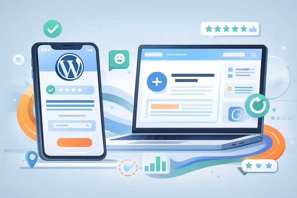 WordPress SEO Ayarları 2025: Google’da Zirveye Çıkmanın Tam Rehberi Mobil uyumluluk ve kullanıcı deneyimini simgeleyen WordPress arayüzlü akıllı telefon ve laptop görseli