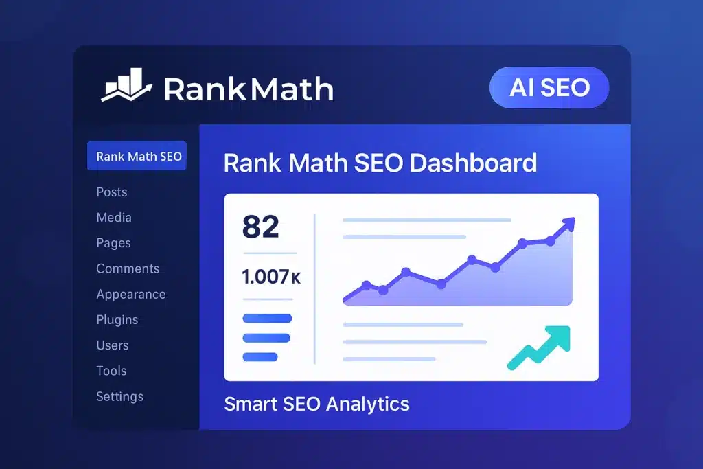 Yoast mı RankMath mi? 2025’te WordPress SEO için Hangisini Seçtim ve Neden? RankMath SEO eklentisinin yapay zekâ destekli WordPress paneli ve yükselen SEO performans grafiği.