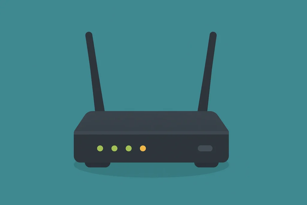 Bilgisayar Ağlarının Temel Bileşenleri: Router, Switch, Modem Nedir? Bilgisayar Ağları. Wi-Fi yönlendirici (router) cihazının önden görünümü, iki antenli siyah tasarım, yeşil bağlantı ışıklarıyla modern bir ağ donanımı.