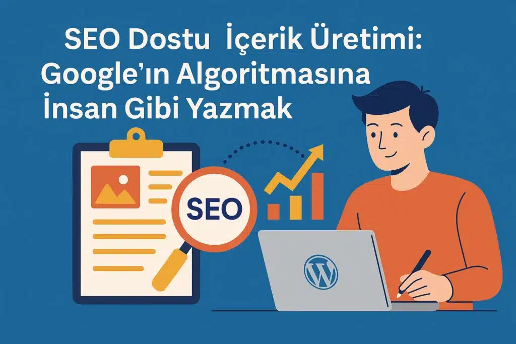 WordPress SEO Ayarları 2025: Google’da Zirveye Çıkmanın Tam Rehberi SEO dostu içerik üretimini simgeleyen, WordPress üzerinde yazı yazan kişi ve SEO grafikleri içeren dijital illüstrasyon