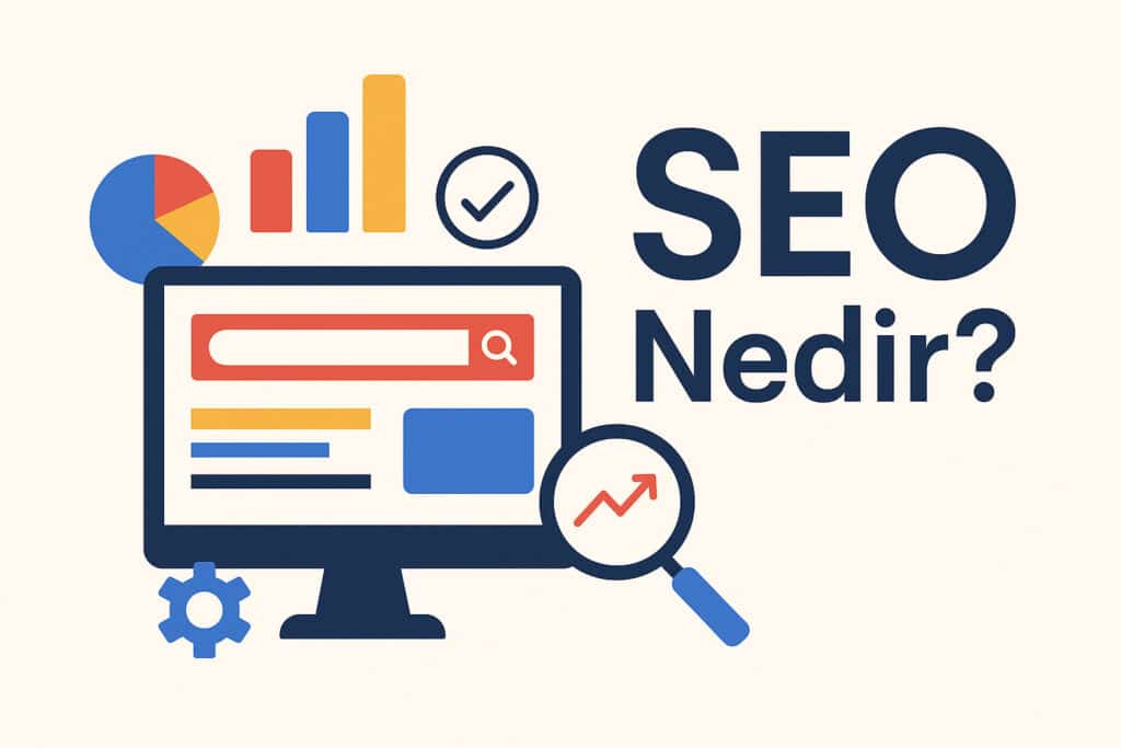 SEO Nedir? 2025’te Google Sıralamasında Zirveye Çıkmanın Bilimsel Rehberi Seo Nedir? Bilgisayar ekranı üzerinde arama çubuğu, büyüteç ve grafik ikonlarıyla “SEO Nedir?” kavramını anlatan illüstrasyon.