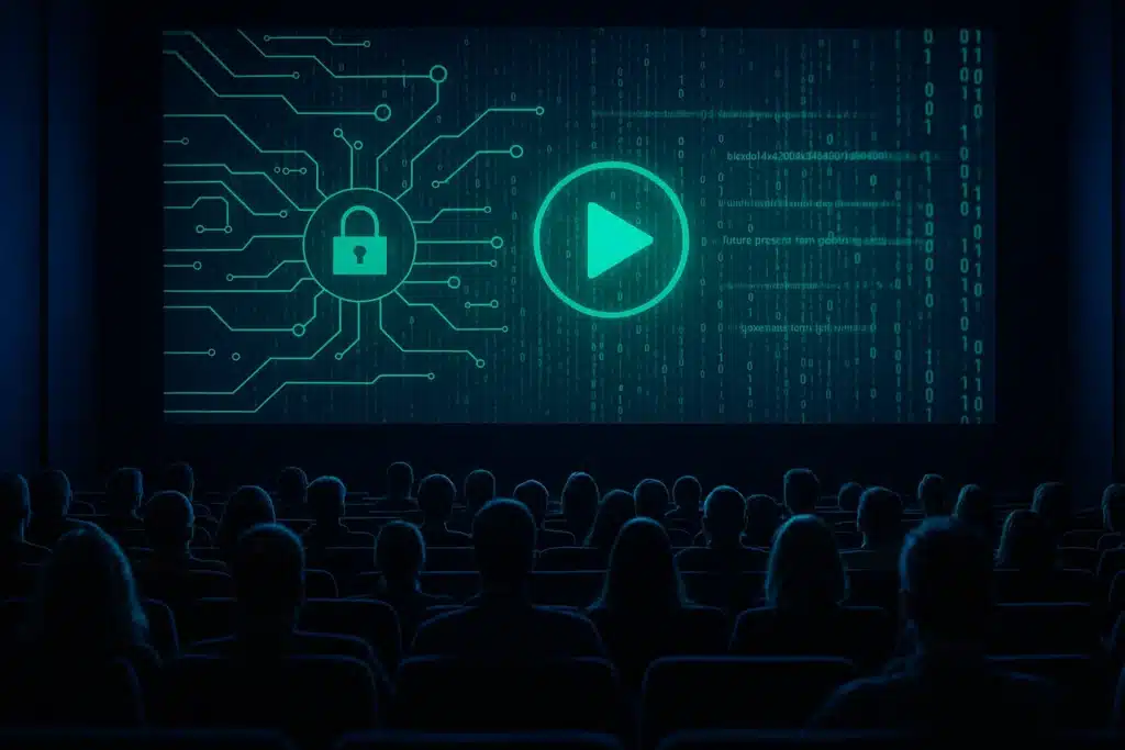 2025’in En İyi Siber Güvenlik Filmleri – Hacker Dünyasının En Gerçekçi Hikâyeleri Sinema salonunda dijital kodlarla dolu ekrana bakan izleyiciler – siber güvenlik filmlerinin neden popüler olduğunu temsil eden sahne.