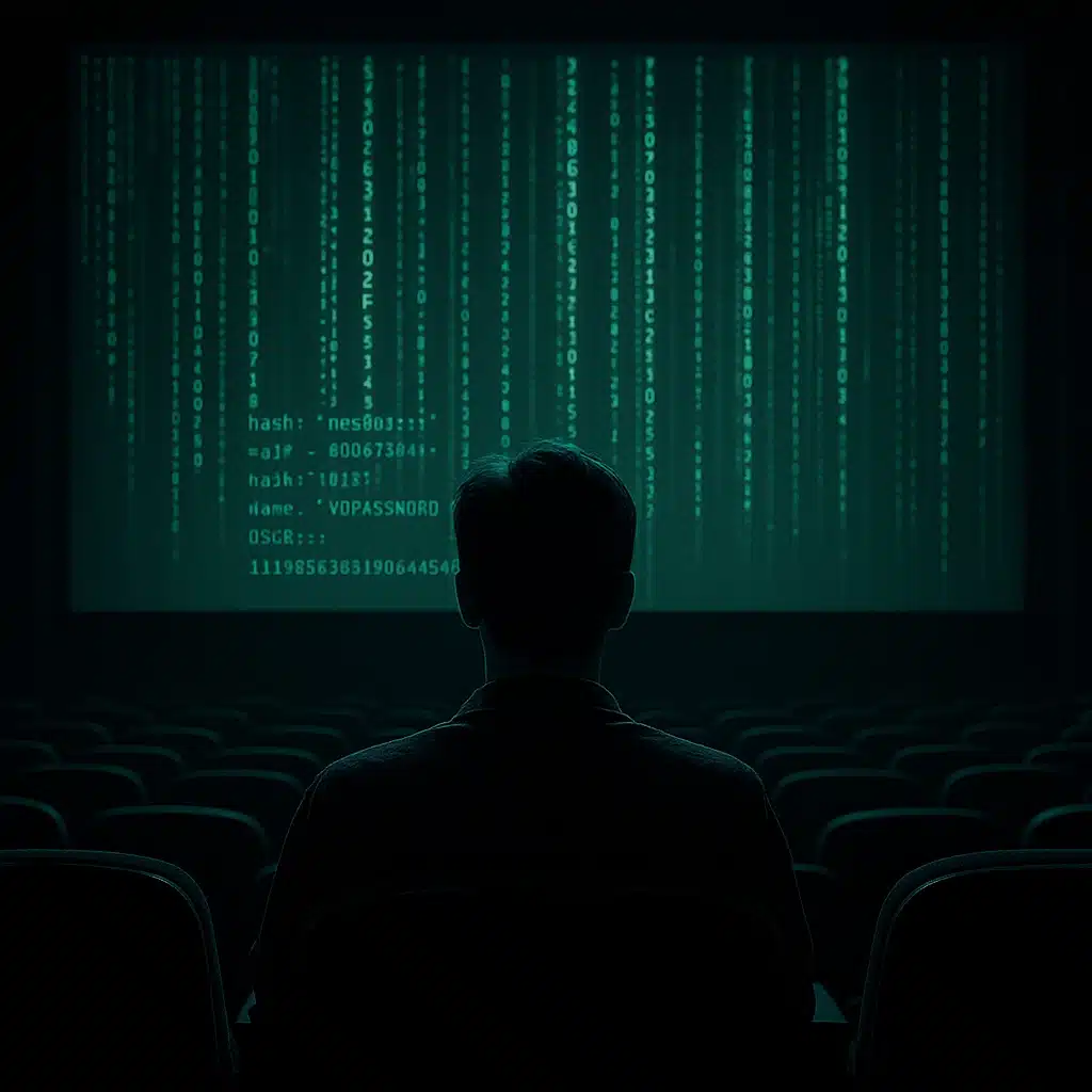 2025’in En İyi Siber Güvenlik Filmleri – Hacker Dünyasının En Gerçekçi Hikâyeleri Karanlık sinema salonunda siber güvenlik temalı film izleyen izleyici – hacker kodları beyaz perdede akarken dijital atmosfer.