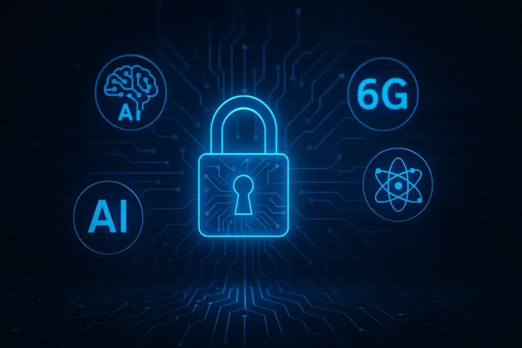 TCP/IP Protokolü Nedir? Katmanları, Çalışma Prensibi ve İnternetin Temeli Yapay zeka, 6G ve kuantum ağlarıyla entegre edilmiş geleceğin TCP/IP protokolünü temsil eden dijital güvenlik konsepti – mavi ışıklı kilit ve devre bağlantıları