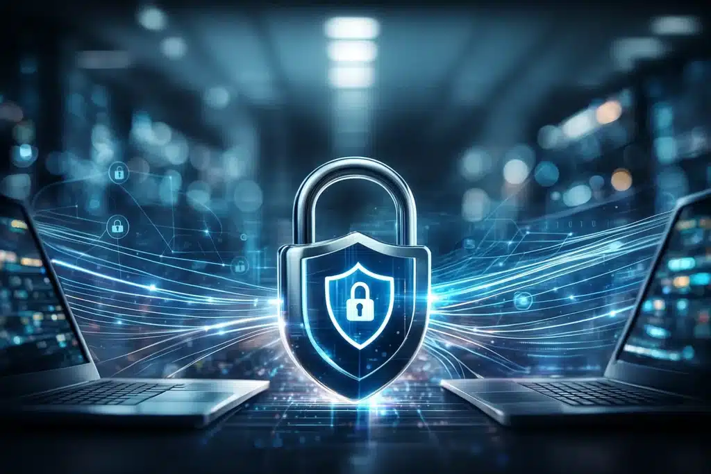 TCP/IP Protokolü Nedir? Katmanları, Çalışma Prensibi ve İnternetin Temeli TCP/IP ağ güvenliği ve veri koruma konseptini temsil eden görsel – şifreli veri akışı ve dijital kilit simgesi.