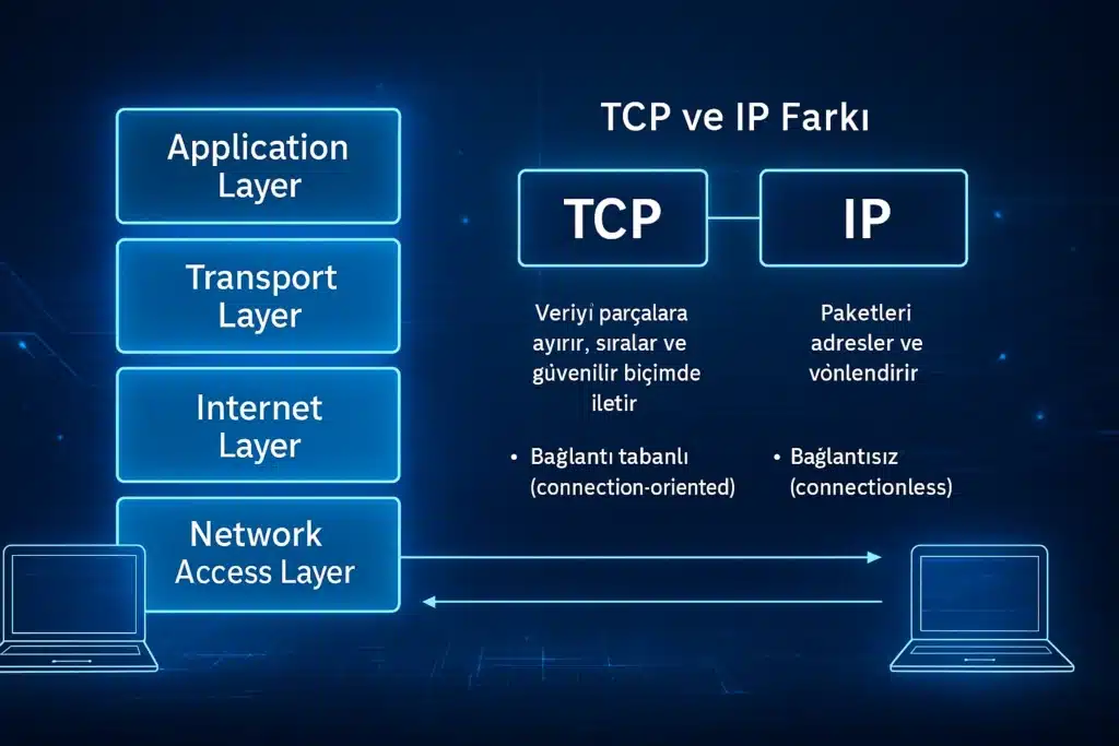 TCP/IP Protokolü Nedir? Katmanları, Çalışma Prensibi ve İnternetin Temeli TCP/IP katmanları ve TCP ile IP protokolleri farkını gösteren diyagram – dört katmanlı ağ modeli.