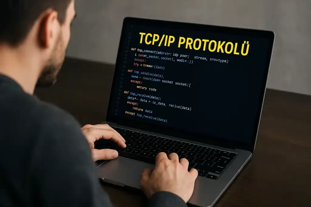 TCP/IP Protokolü Nedir? Katmanları, Çalışma Prensibi ve İnternetin Temeli TCP/IP protokolü kodunu inceleyen bir yazılım geliştiricisinin dizüstü bilgisayarında çalışan görüntüsü – modern ofis ortamında odaklanmış çalışma sahnesi.