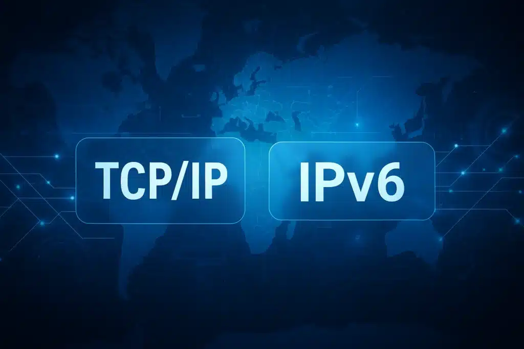 TCP/IP Protokolü Nedir? Katmanları, Çalışma Prensibi ve İnternetin Temeli TCP/IP protokolünden IPv6 teknolojisine geçişi temsil eden dijital ağ haritası ve bağlantı diyagramı