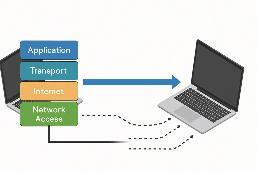 TCP/IP Protokolü Nedir? Katmanları, Çalışma Prensibi ve İnternetin Temeli TCP/IP katmanlarında veri akışı ve hata kontrolü mekanizmasını temsil eden görsel – iki bilgisayar arasında veri transferi bağlantısı