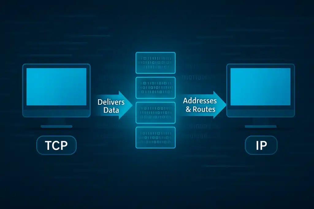 TCP/IP Protokolü Nedir? Katmanları, Çalışma Prensibi ve İnternetin Temeli TCP ve IP protokollerinin veri iletimi sürecindeki iş birliği – iki bilgisayar arasında veri akışı diyagramı.