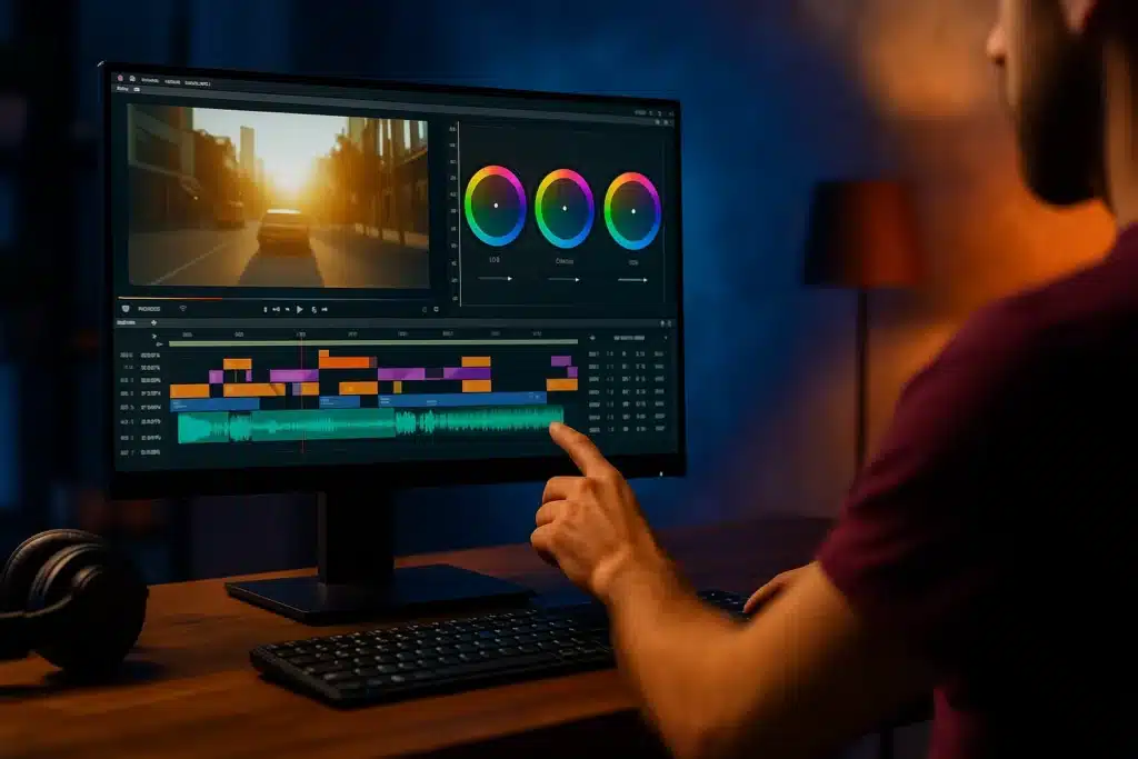 Video Düzenleme 2025 Rehberi: En İyi Programlar, Teknikler ve Profesyonel İpuçları Bilgisayar ekranında video düzenleme programı açık – timeline, ses dalgaları ve color grading tekerleri – profesyonel renk düzenleme sahnesi.