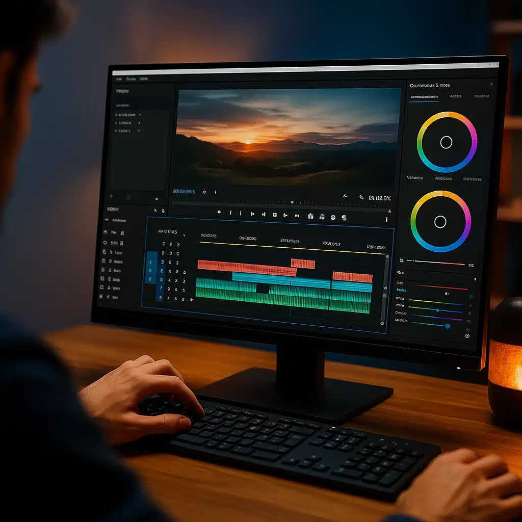 Video Düzenleme 2025 Rehberi: En İyi Programlar, Teknikler ve Profesyonel İpuçları Video editörü timeline’da klipleri müzik ritmine göre düzenliyor – profesyonel kurgu taktiği.
