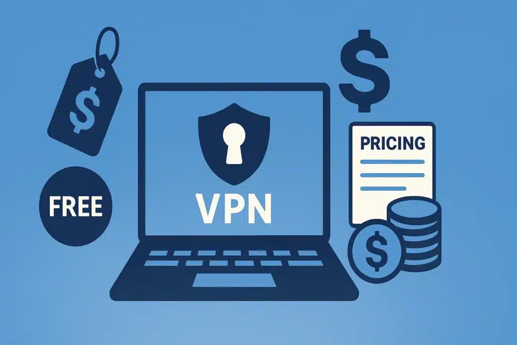 VPN fiyatlandırması ve ücretsiz VPN tuzaklarını temsil eden dijital illüstrasyon — dizüstü bilgisayar ekranında VPN simgesi, yanında fiyat etiketi, dolar işareti, para sembolleri ve ‘Pricing’ dokümanı bulunan mavi tonlu 16:9 görsel.