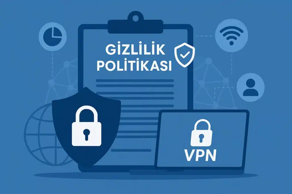 VPN gizlilik politikası kavramını temsil eden dijital illüstrasyon — üzerinde kilit simgesi bulunan kalkan, dizüstü bilgisayar ve ‘Gizlilik Politikası’ başlıklı belgeyle mavi tonlu güvenlik teması.