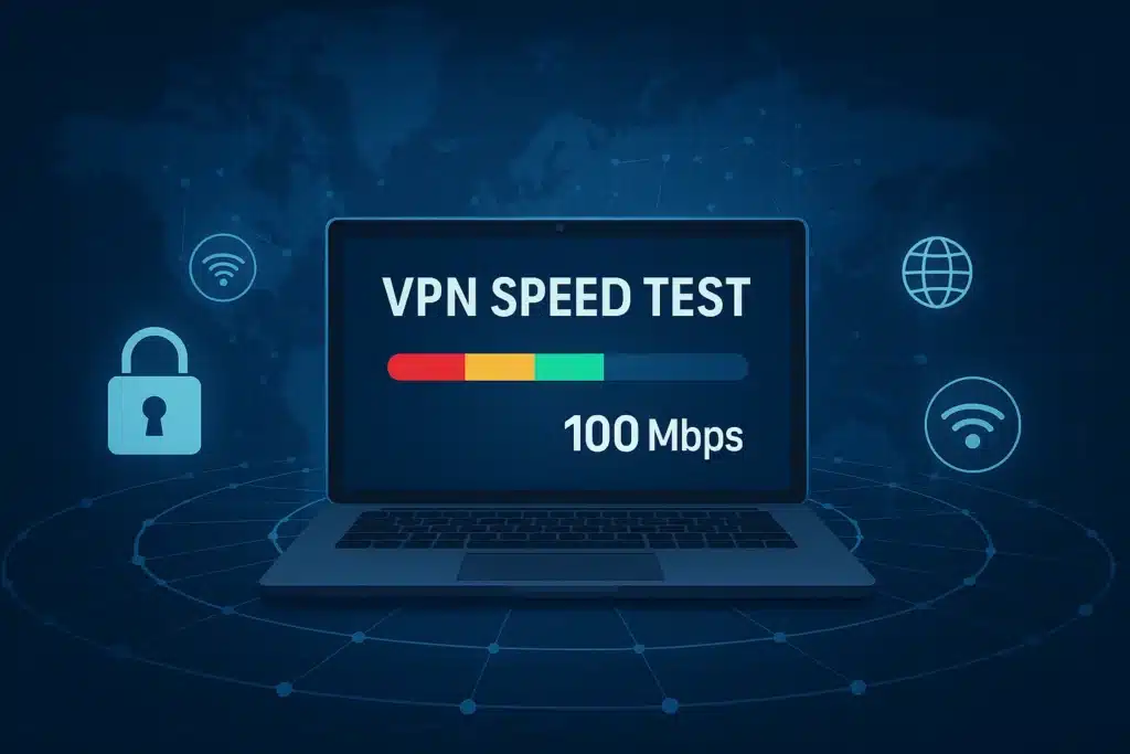 VPN hız testi ekranını gösteren dizüstü bilgisayar ve etrafında ağ simgeleriyle dijital güvenlik temasını yansıtan 16:9 mavi tonlu illüstrasyon.