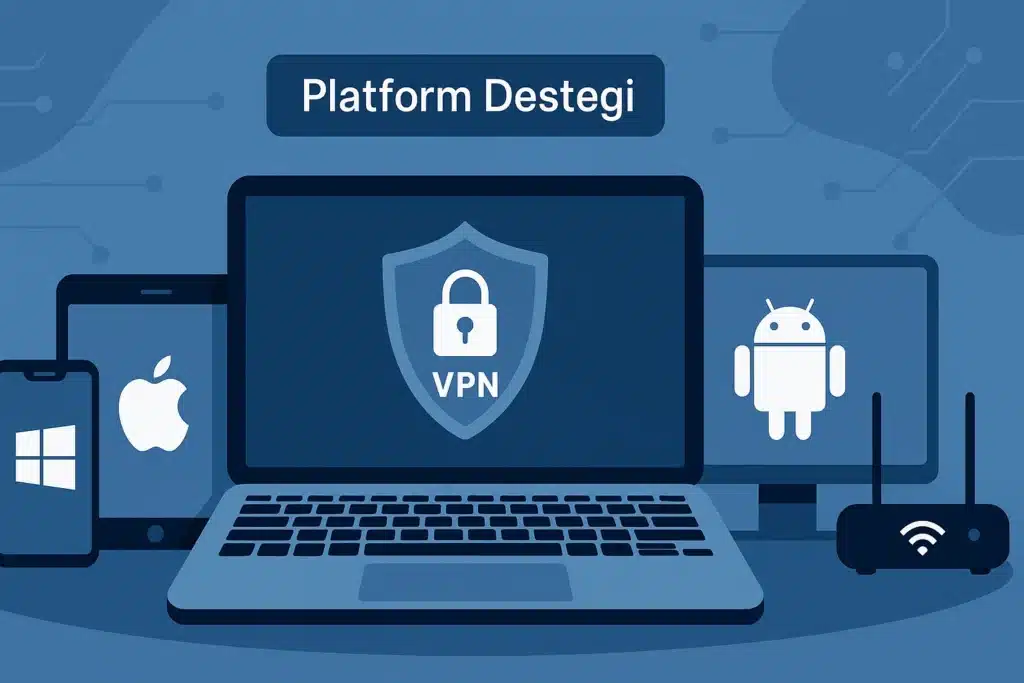 VPN platform desteğini simgeleyen dijital illüstrasyon — dizüstü bilgisayar merkezde VPN kalkanıyla, etrafında Android, iOS, Windows ve router simgeleriyle 16:9 mavi tonlu kompozisyon.