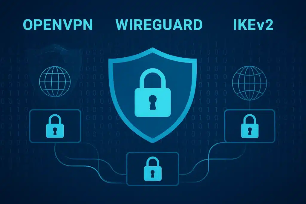 OpenVPN, WireGuard ve IKEv2 VPN protokollerinin karşılaştırmasını gösteren mavi tonlu dijital güvenlik illüstrasyonu; merkezde kilit simgesi ve ağ bağlantı ikonlarıyla.