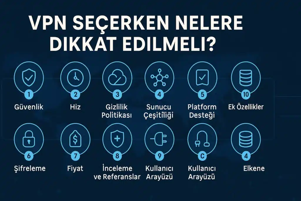 VPN seçerken dikkat edilmesi gereken 10 temel kriteri gösteren mavi temalı infografik — güvenlik, hız, gizlilik politikası, sunucu çeşitliliği ve platform desteği ikonlarıyla.
