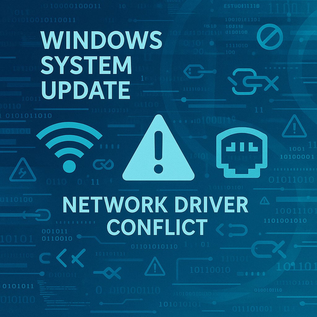 Windows 11 24H2 Wi-Fi Kopma Sorunu: Kesin Çözüm Rehberi (2025) Windows 11 24H2 güncellemesinde ağ sürücüsü çakışmasını temsil eden soyut mavi kod ekranı, dijital sistem arayüzü.