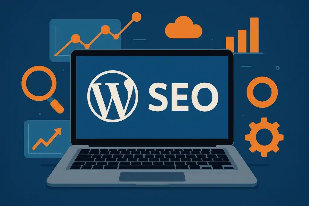 WordPress SEO Ayarları 2025: Google’da Zirveye Çıkmanın Tam Rehberi WordPress SEO kavramını anlatan dizüstü bilgisayar ve SEO ikonlarıyla hazırlanmış 2025 temalı dijital illüstrasyon