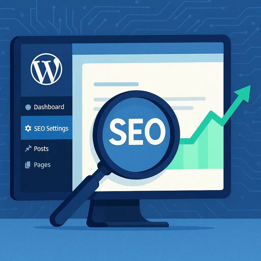 Yoast mı RankMath mi? 2025’te WordPress SEO için Hangisini Seçtim ve Neden? WordPress SEO eklentilerinin 2025’te neden hâlâ önemli olduğunu gösteren modern SEO paneli görseli. Yoast mı Rankmath mi?