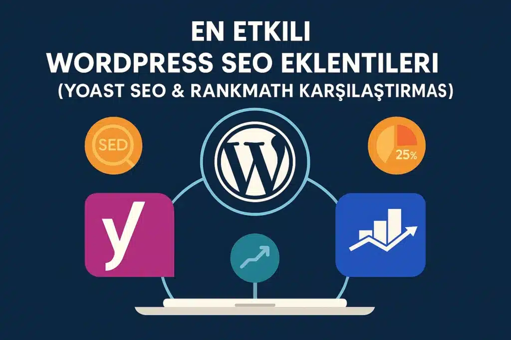 WordPress SEO Ayarları 2025: Google’da Zirveye Çıkmanın Tam Rehberi WordPress SEO için en etkili eklentiler olan Yoast SEO ve RankMath karşılaştırmasını gösteren dijital infografik görseli