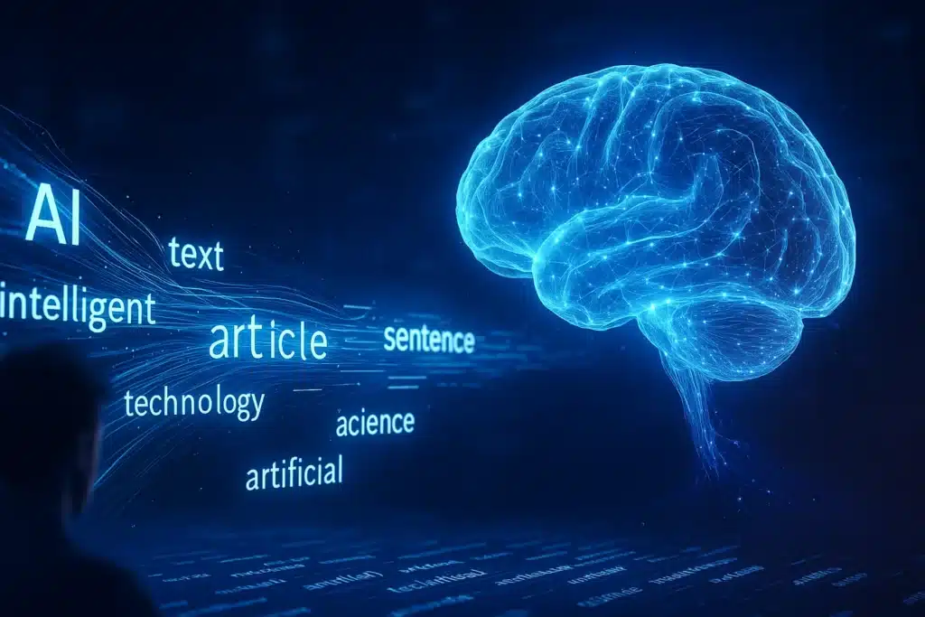 Yapay Zeka ile İçerik Üretimi: 2025’in Dijital Devrimi Başladı! Yapay zeka ile içerik üretimi. Yapay zekanın sinir ağlarıyla metin ürettiğini gösteren holografik beyin ve veri akışları — insan ve AI işbirliği temalı görsel.