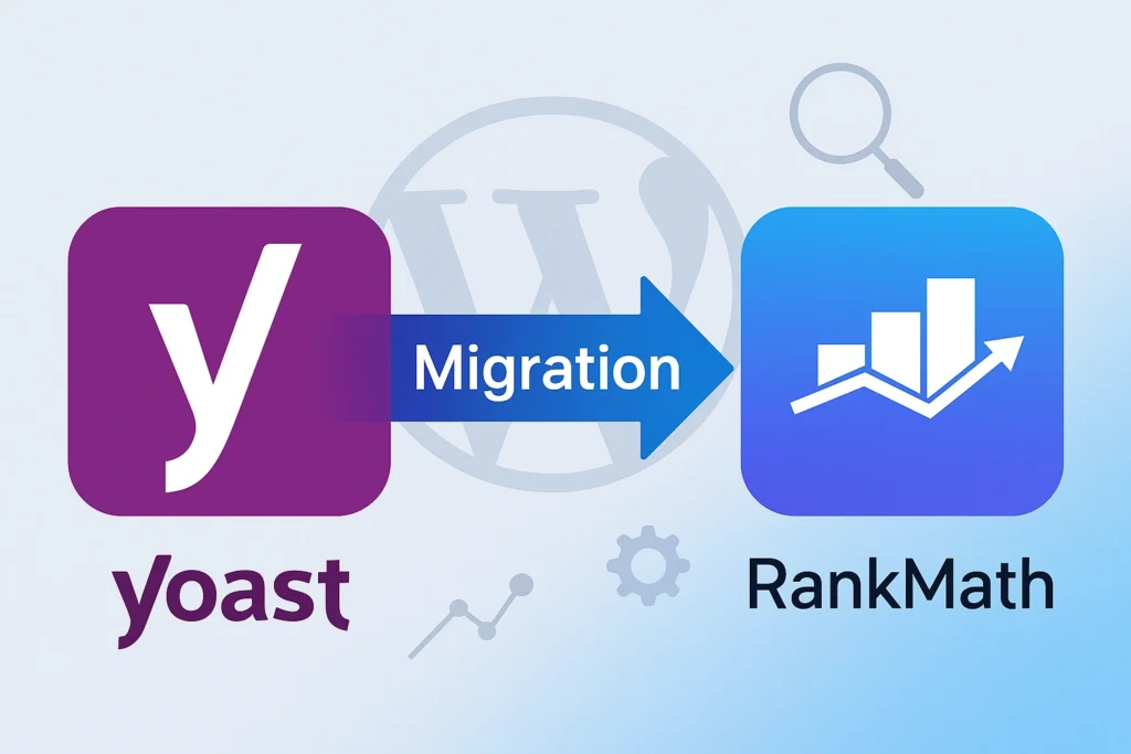 Yoast mı RankMath mi? 2025’te WordPress SEO için Hangisini Seçtim ve Neden? Yoast SEO’dan RankMath’e geçiş sürecini simgeleyen WordPress SEO görseli