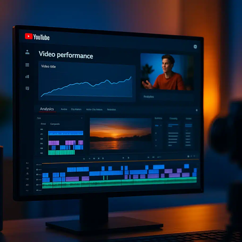 Video Düzenleme 2025 Rehberi: En İyi Programlar, Teknikler ve Profesyonel İpuçları YouTube Analytics ekranında video performans grafiği, thumbnail ve timeline görünür – 2025 içerik stratejisi